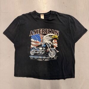 Gildan Mens 2XL American Classic Motorcycle Eagle Flag Graphic T-Shirt Black